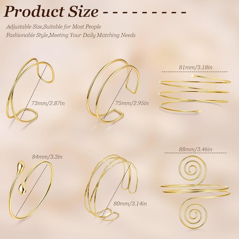 Masedy 6PCS Gold Arm Cuff Bracelets for Women Upper Armband Open Adjustable Wrist Arm Bangle Bracelets Set Minimalist Thin Stack Coil Swirl Trendy Armlet Jewelry - Image 2